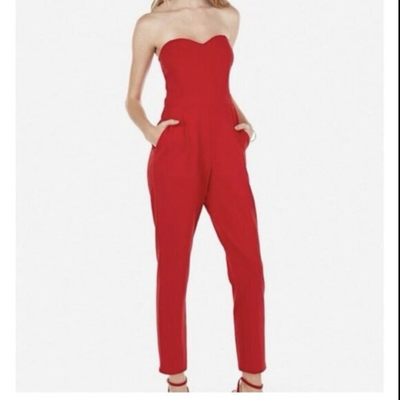 Express Jumpsuit Sz 2 Strapless Sweetheart Neckline Red Jumpsuit - Picture 1 of 7